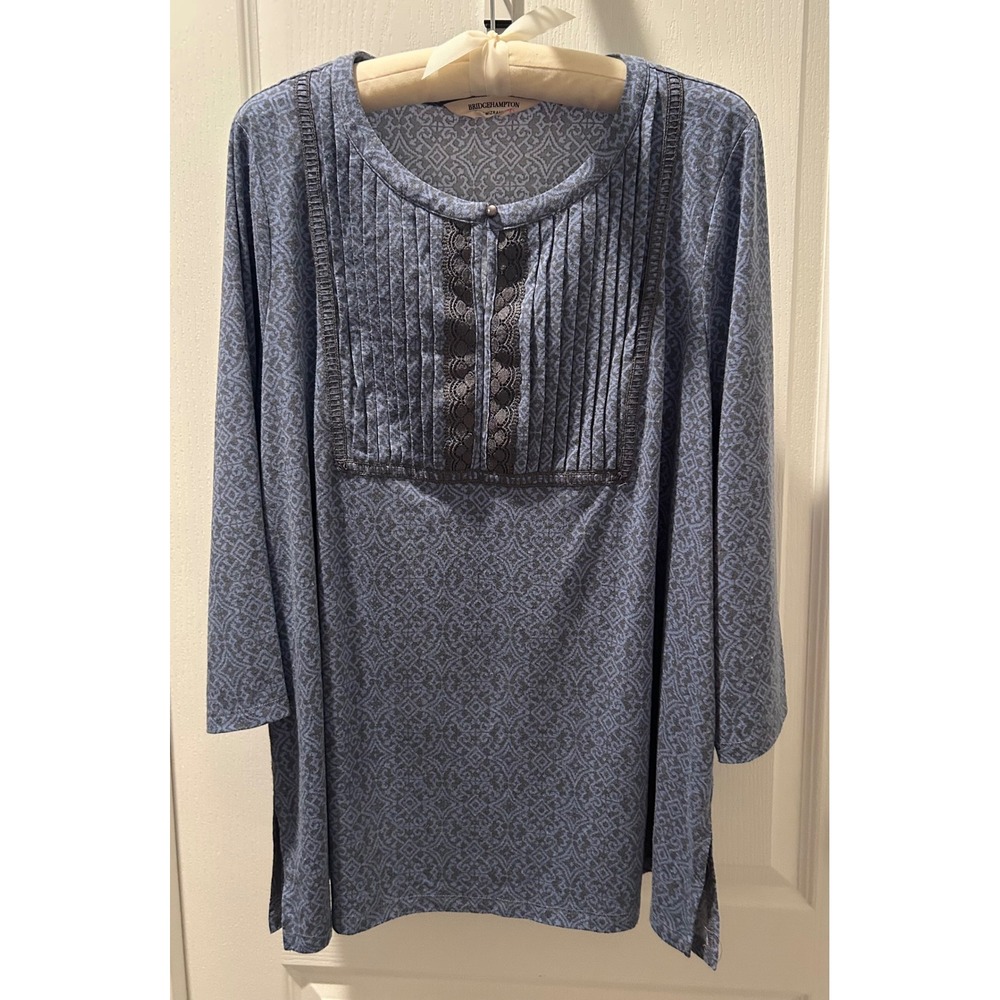 Bridgehampton Isaac Mizrahi Blue Print Tunic Top Womens 1X Pintuck